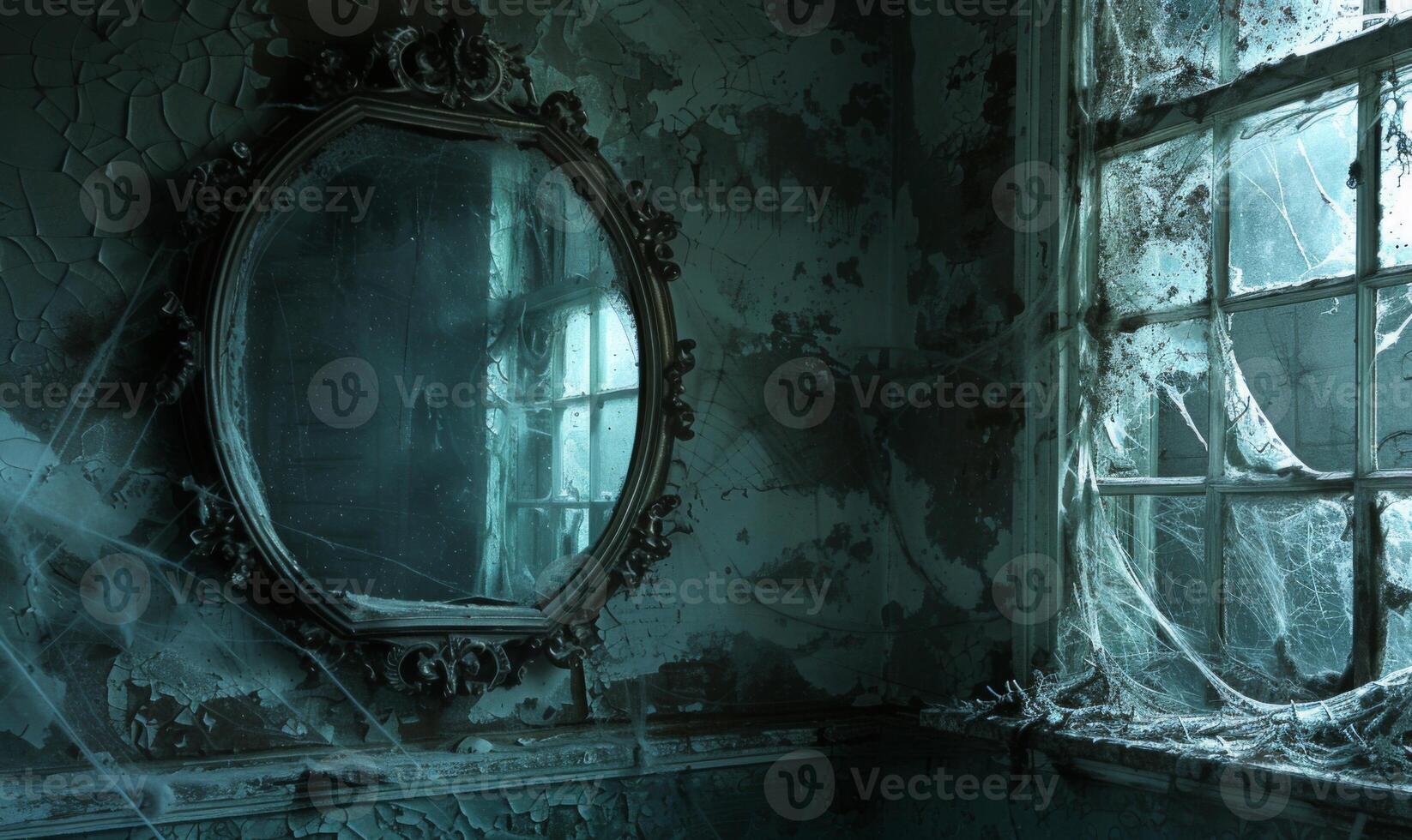 A spooky vintage mirror with ghostly reflections and cobwebs, with plenty of space on the right for copy photo