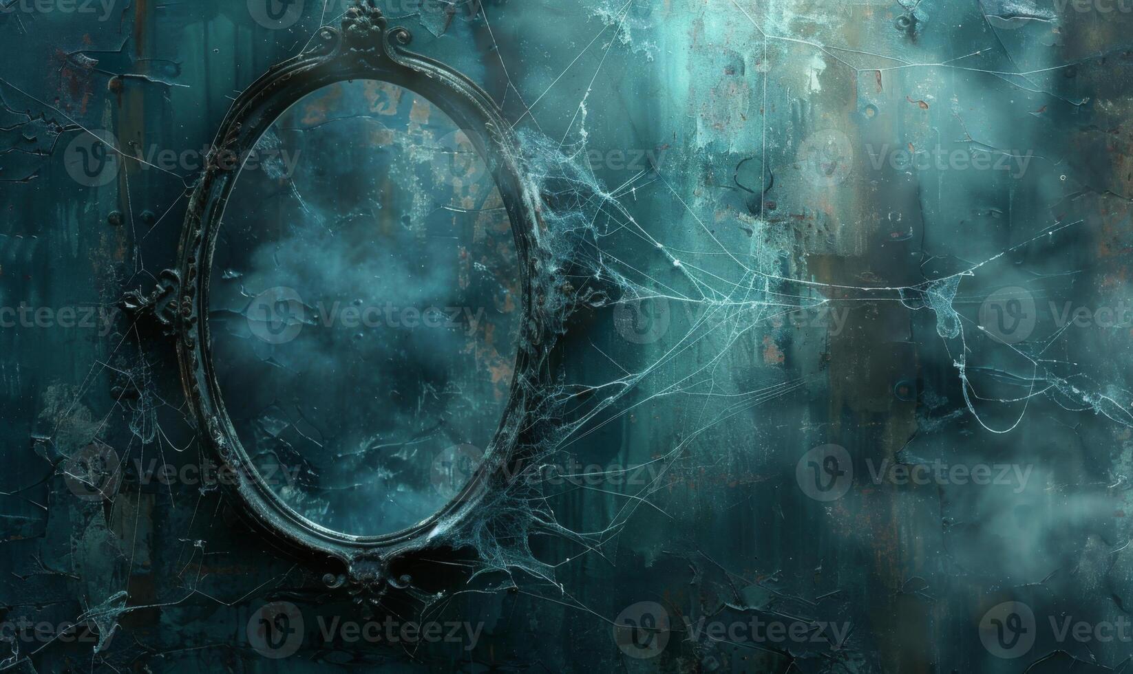 A spooky vintage mirror with ghostly reflections and cobwebs, with plenty of space on the right for copy photo