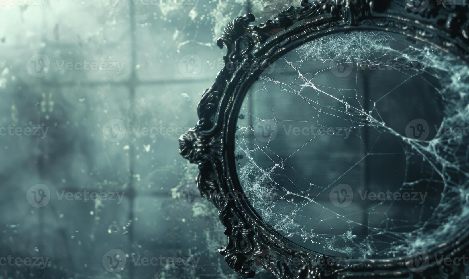 A spooky vintage mirror with ghostly reflections and cobwebs, with plenty of space on the right for copy photo