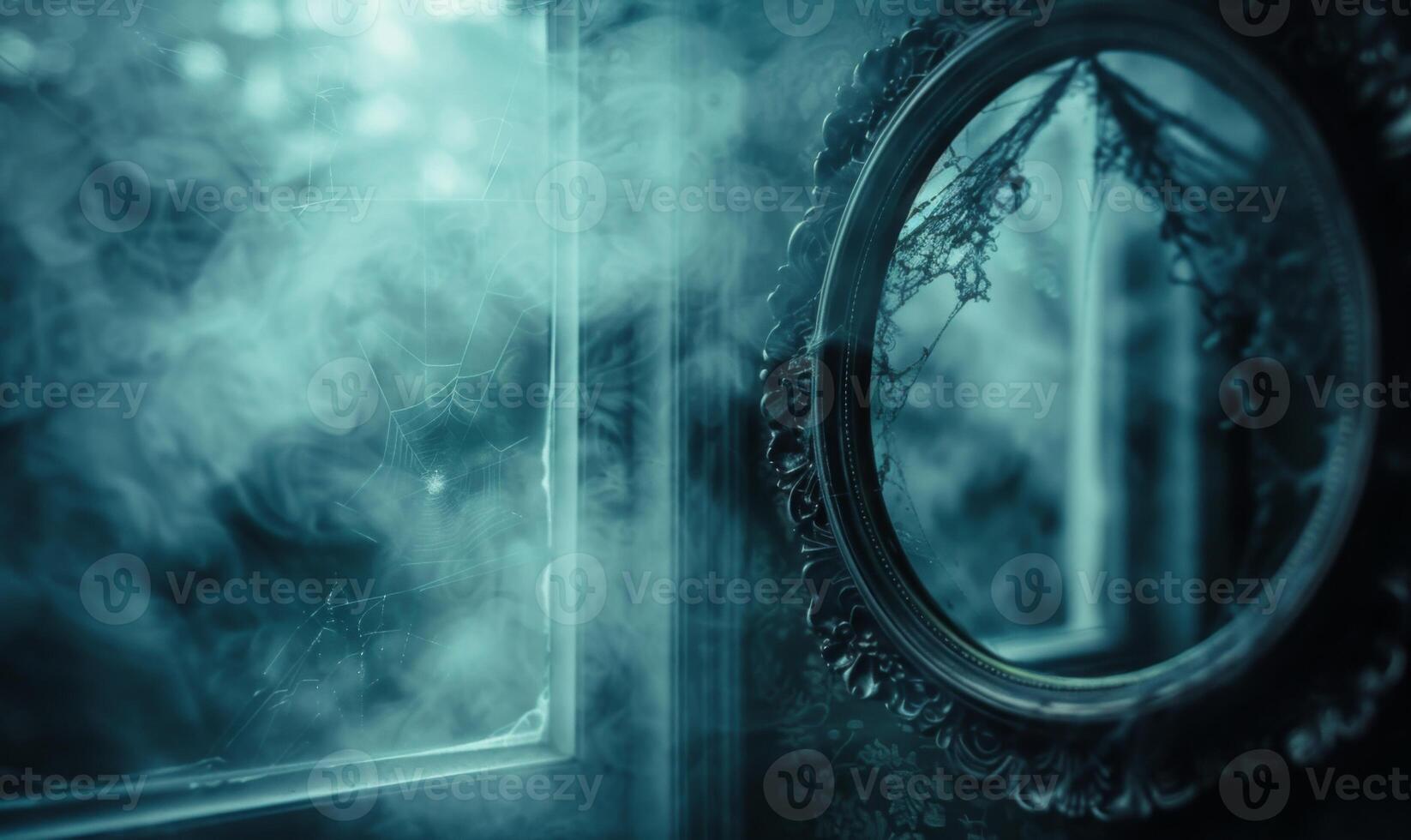 A spooky vintage mirror with ghostly reflections and cobwebs, with plenty of space on the right for copy photo