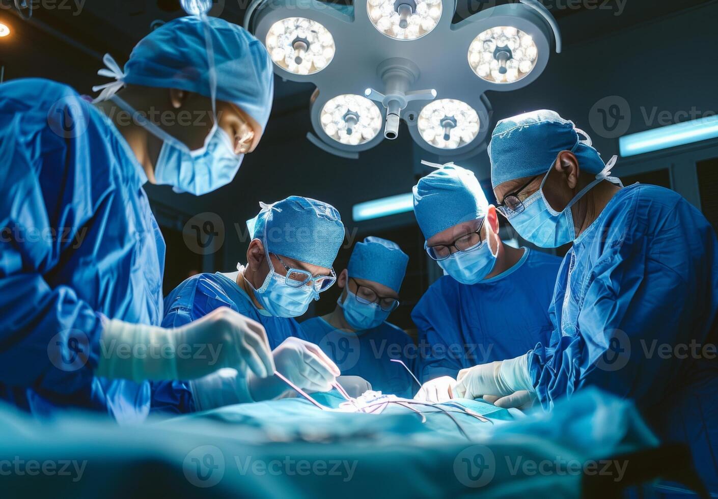 A team of surgeons performing a complex operation in a modern operating room photo
