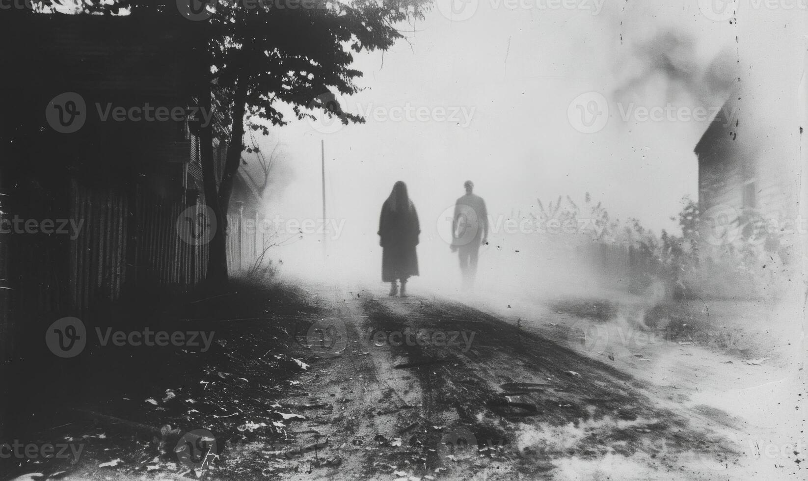 A vintage black-and-white Halloween photo with ghostly figures, leaving plenty of space on the right for a message