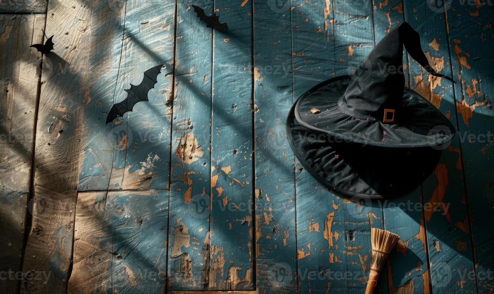 A witch's hat and broomstick lying on a wooden floor with shadows of bats, with plenty of space above for a message photo