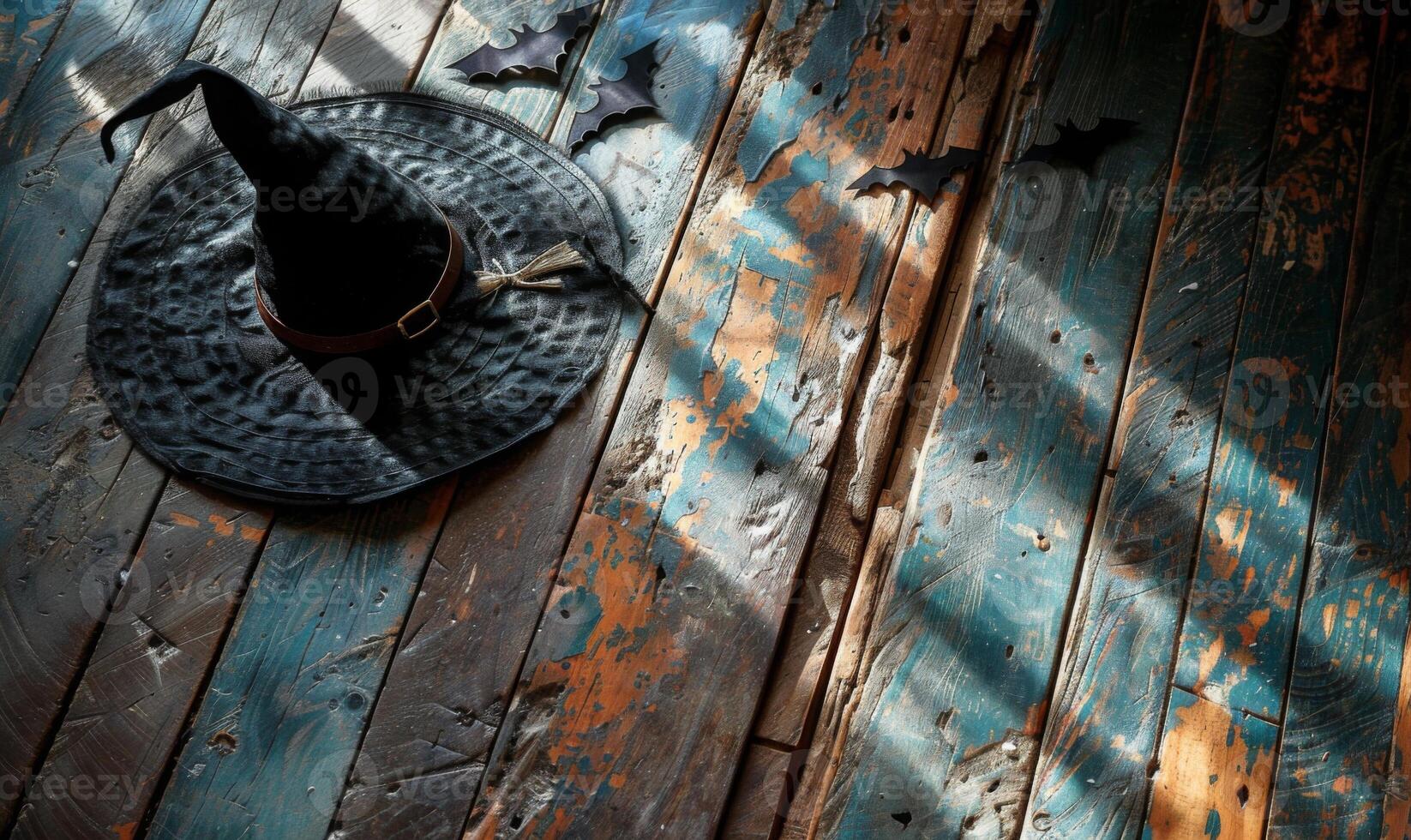 A witch's hat and broomstick lying on a wooden floor with shadows of bats, with plenty of space above for a message photo