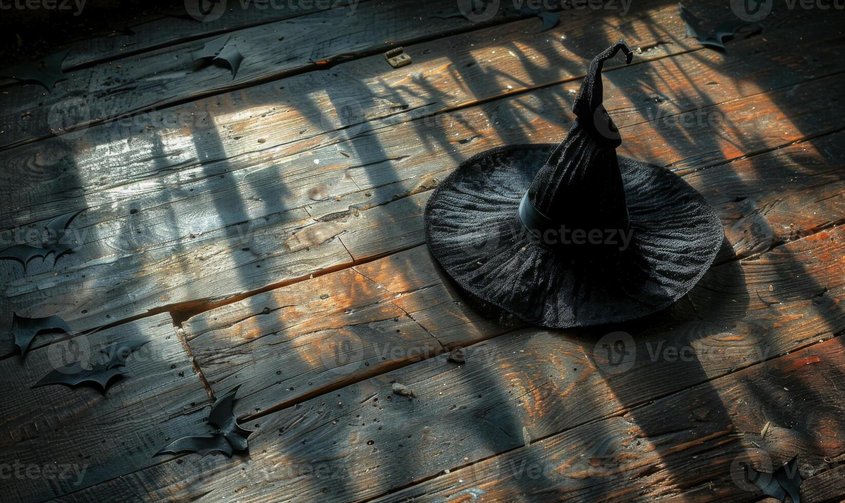 A witch's hat and broomstick lying on a wooden floor with shadows of bats, with plenty of space above for a message photo