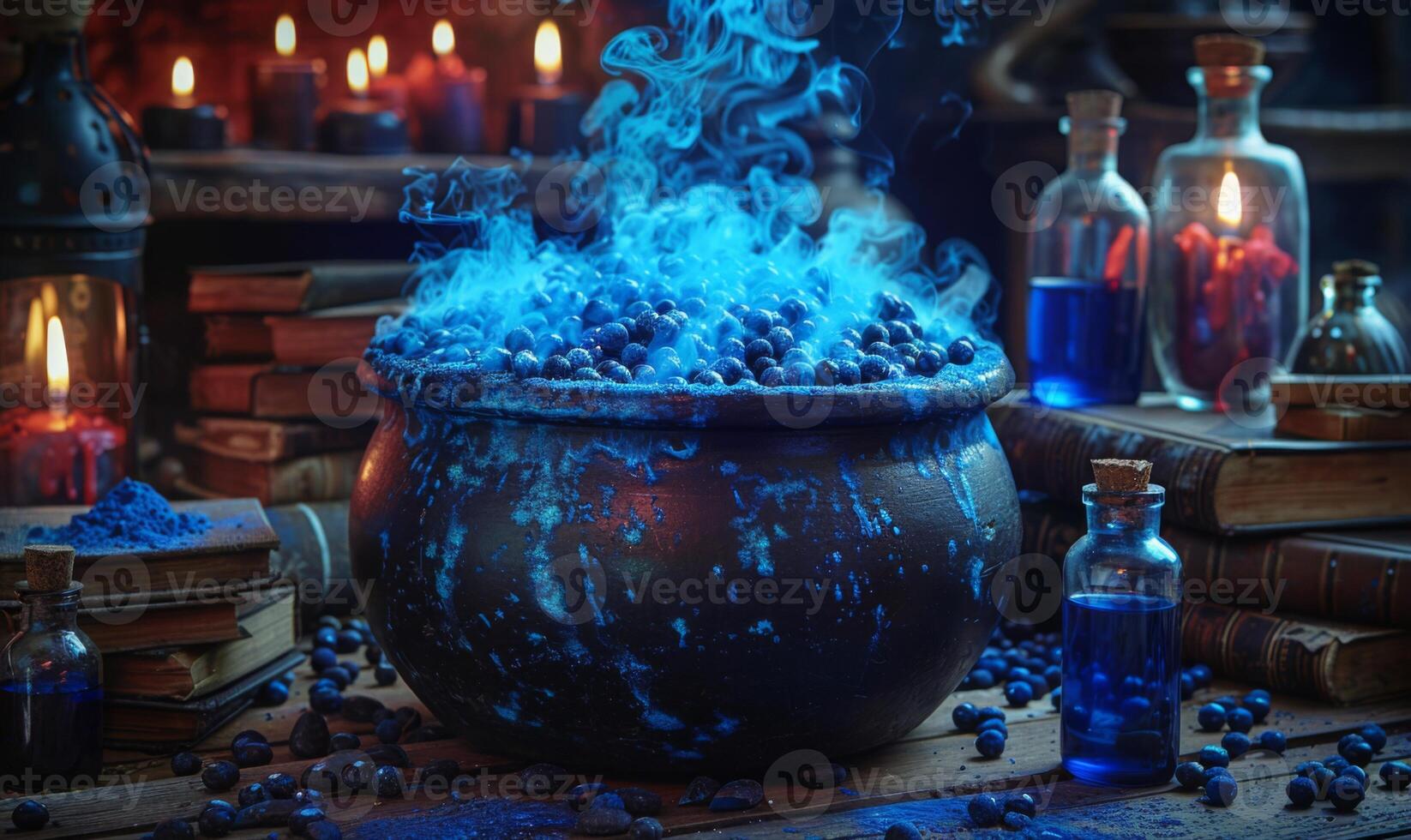 A witches' brew bubbling in a cauldron with spell books and potion bottles around, leaving space above for copy photo