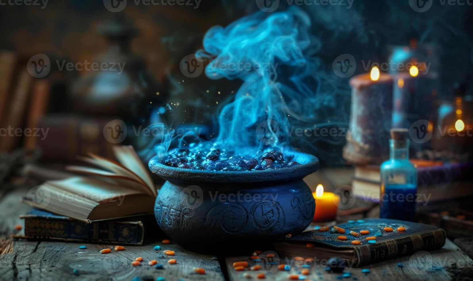 A witches' brew bubbling in a cauldron with spell books and potion bottles around, leaving space above for copy photo