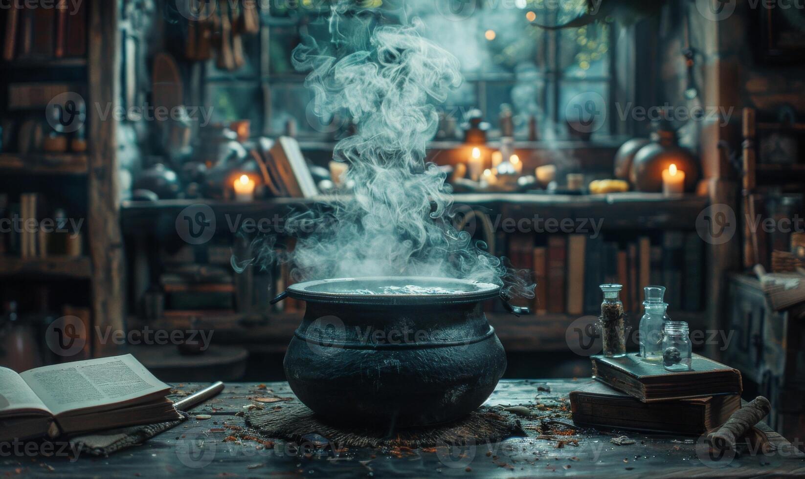A witches' brew bubbling in a cauldron with spell books and potion bottles around, leaving space above for copy photo