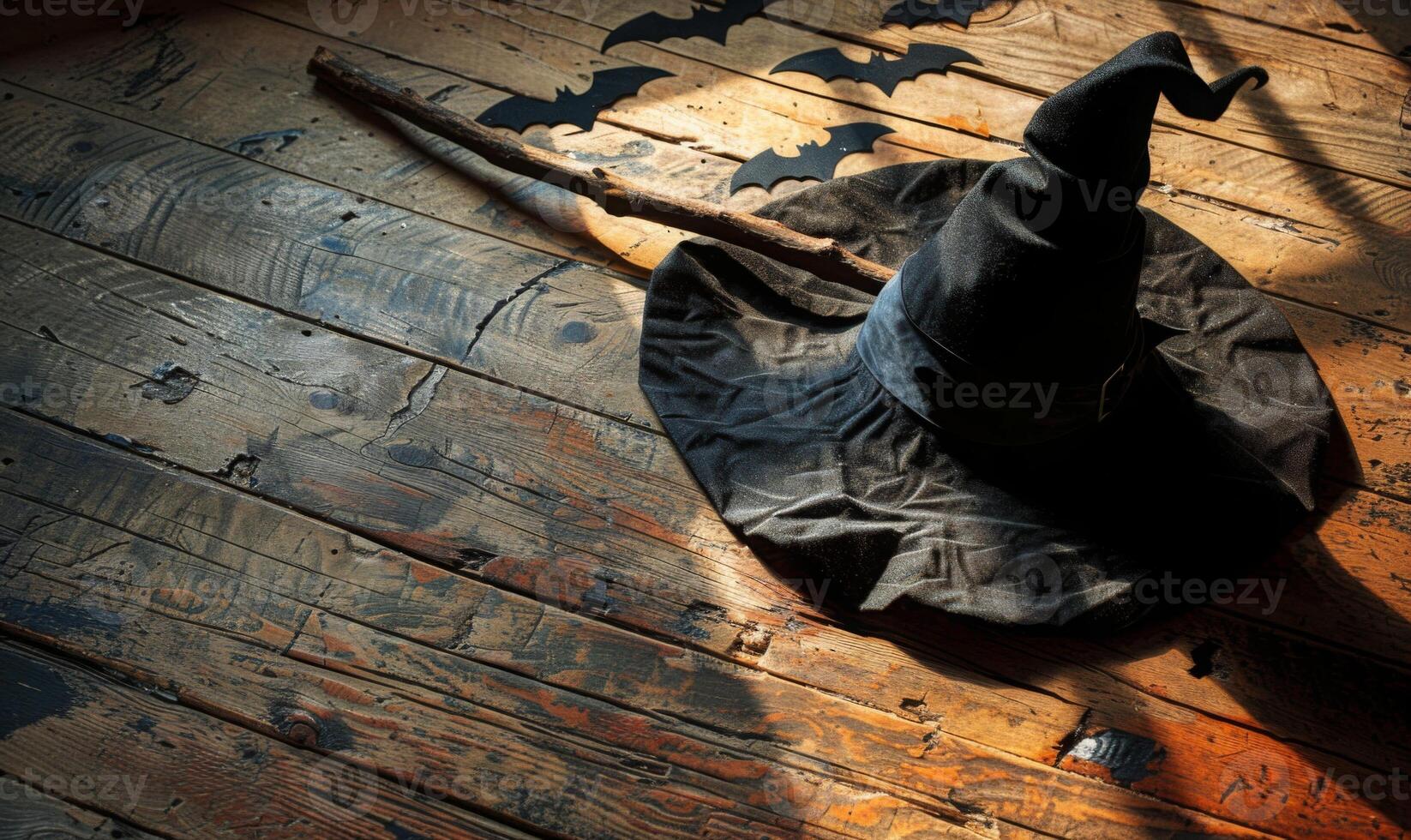 A witch's hat and broomstick lying on a wooden floor with shadows of bats, with plenty of space above for a message photo