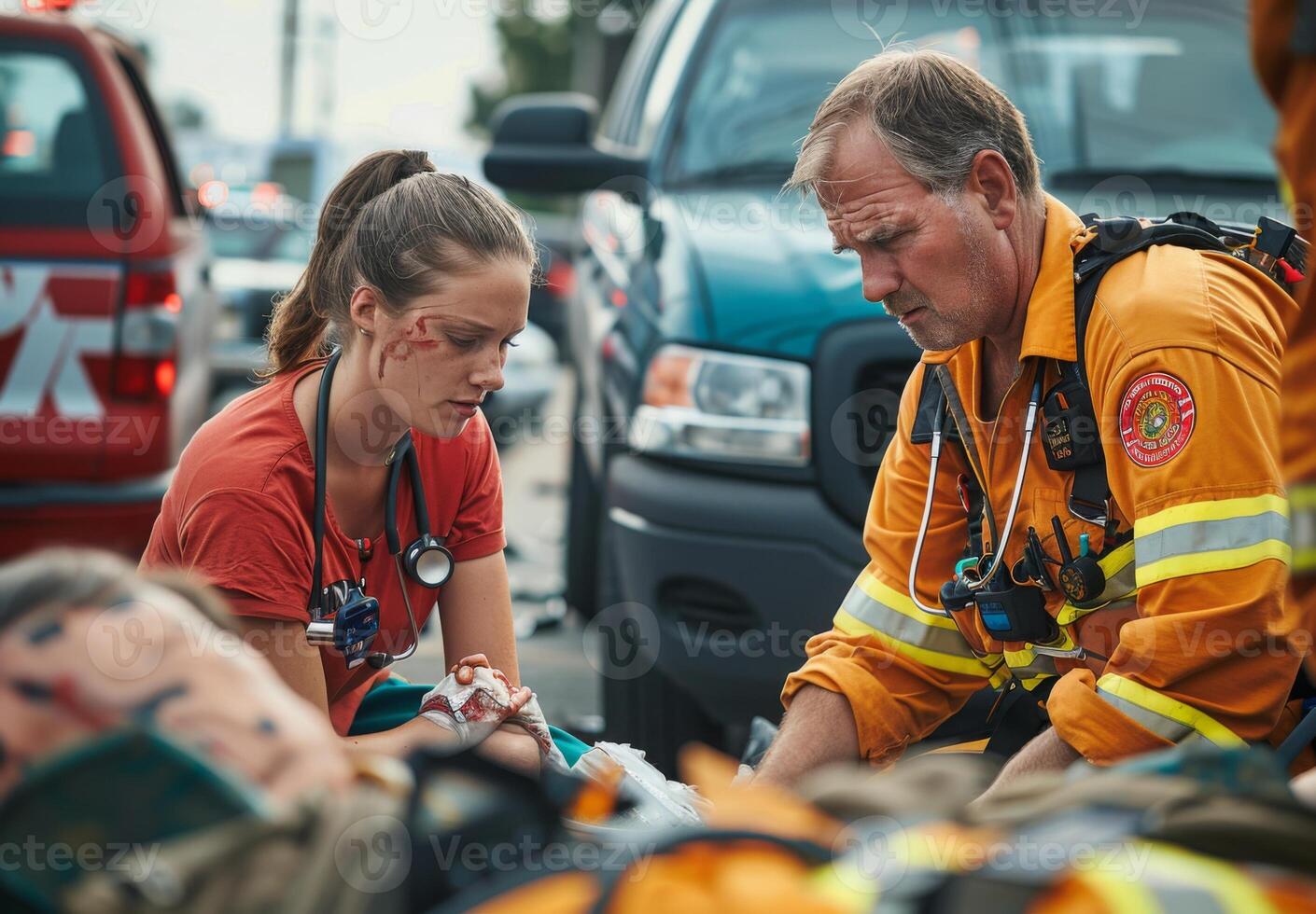 An emergency medical team providing first aid at the scene of an accident photo