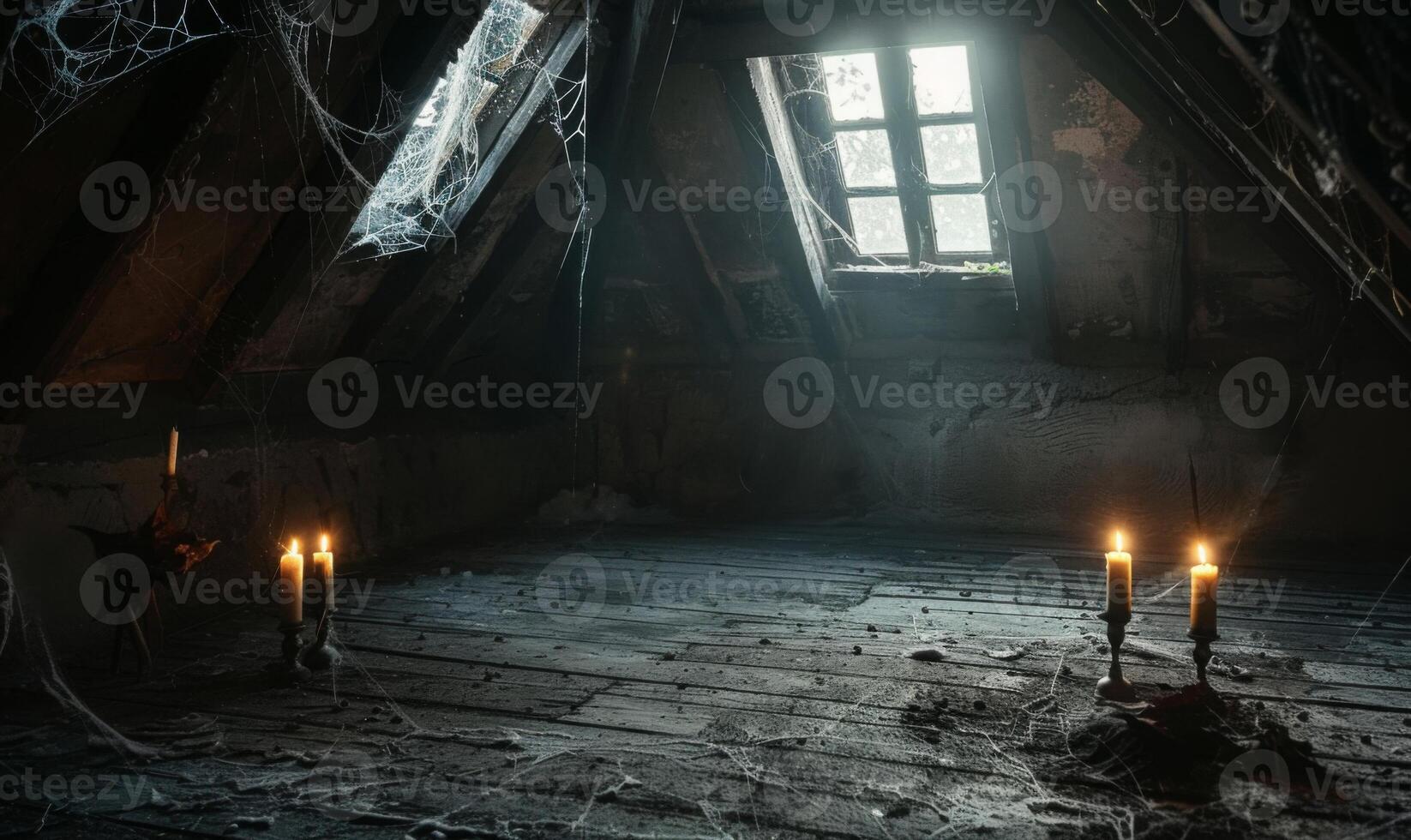 An old, cobweb-filled attic with flickering candles and mysterious shadows, with empty space on the left for text photo