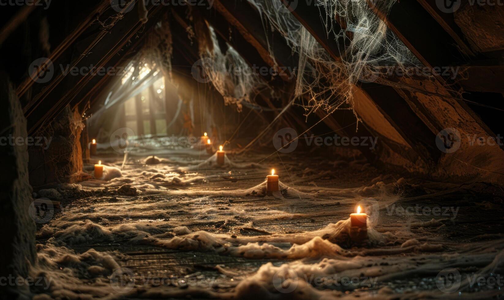 An old, cobweb-filled attic with flickering candles and mysterious shadows, with empty space on the left for text photo