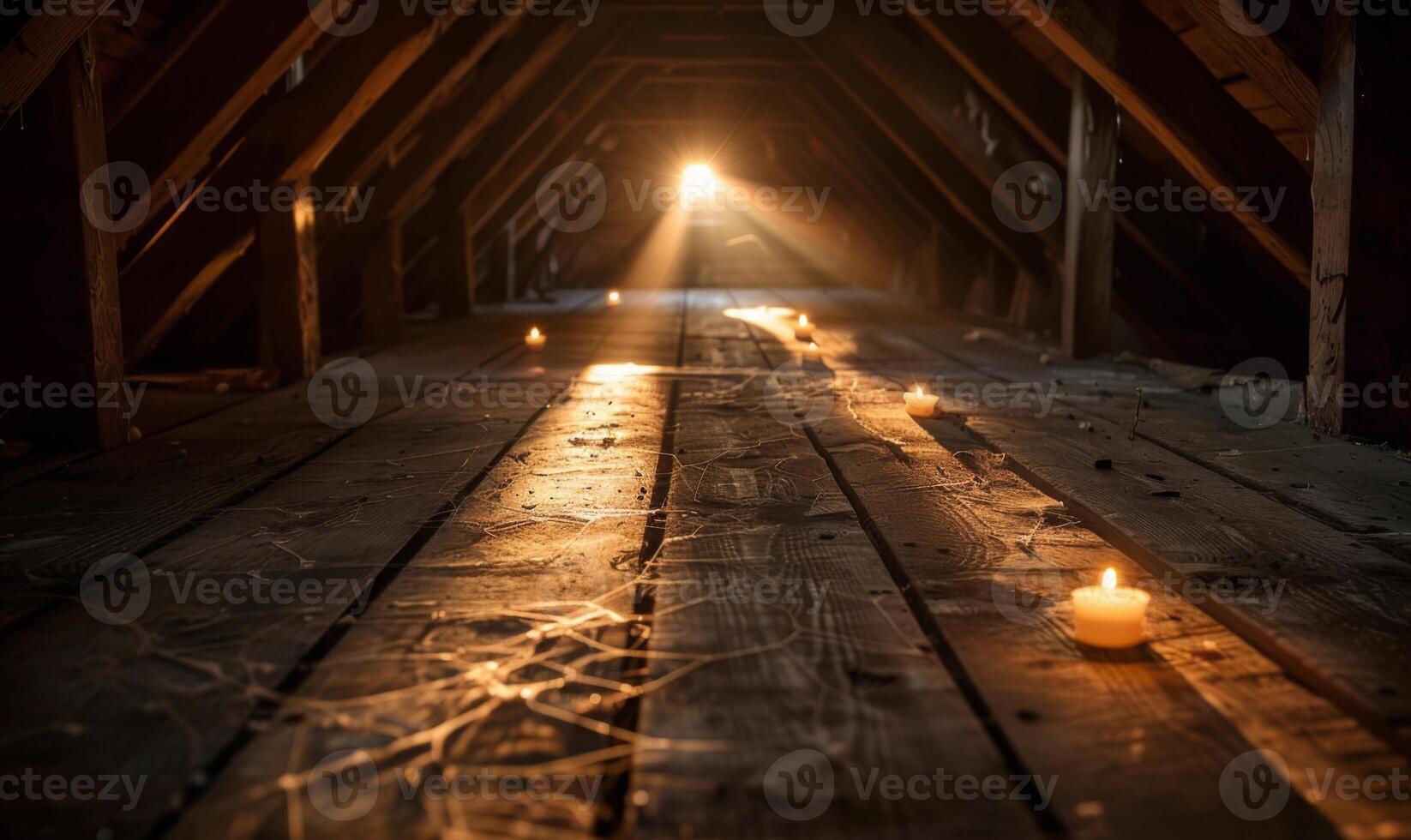 An old, cobweb-filled attic with flickering candles and mysterious shadows, with empty space on the left for text photo
