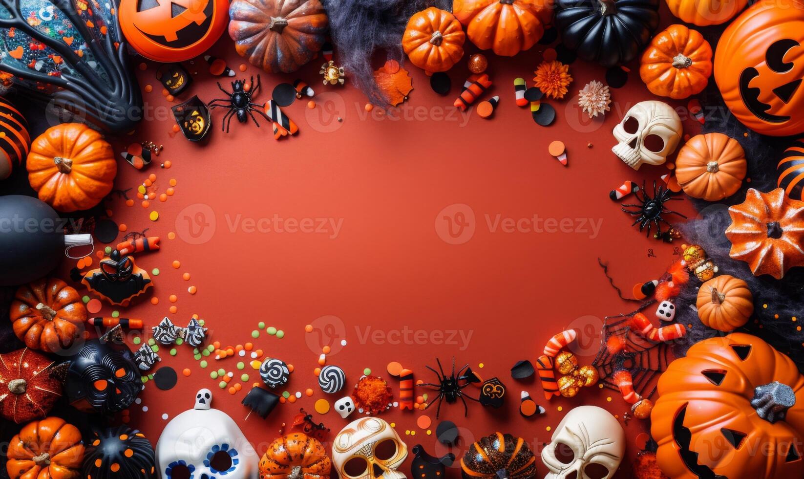 Flat lay of Halloween party supplies, such as masks, confetti, and eerie lighting, with copy space in the middle photo