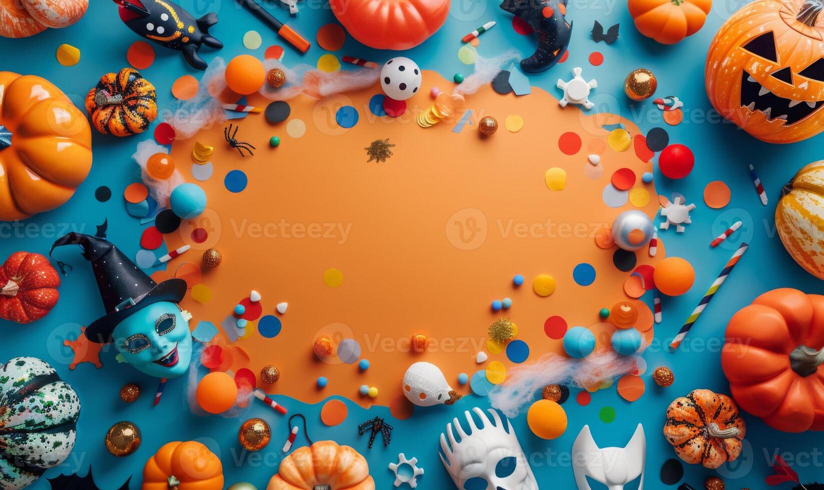 Flat lay of Halloween party supplies, such as masks, confetti, and eerie lighting, with copy space in the middle photo