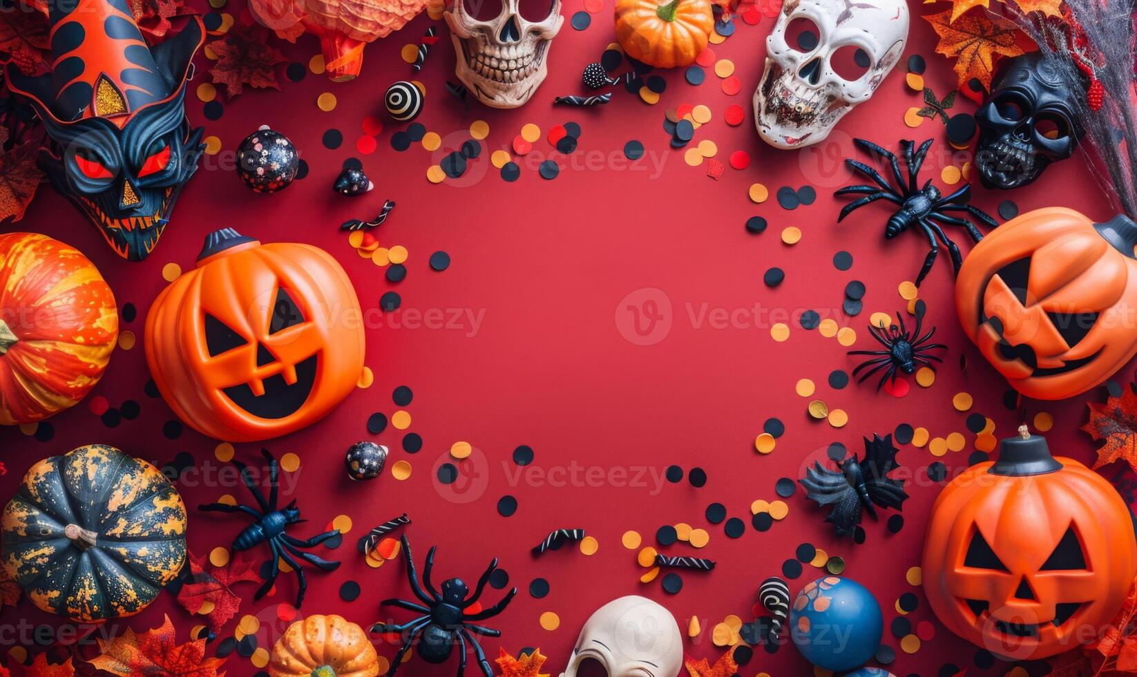 Flat lay of Halloween party supplies, such as masks, confetti, and eerie lighting, with copy space in the middle photo