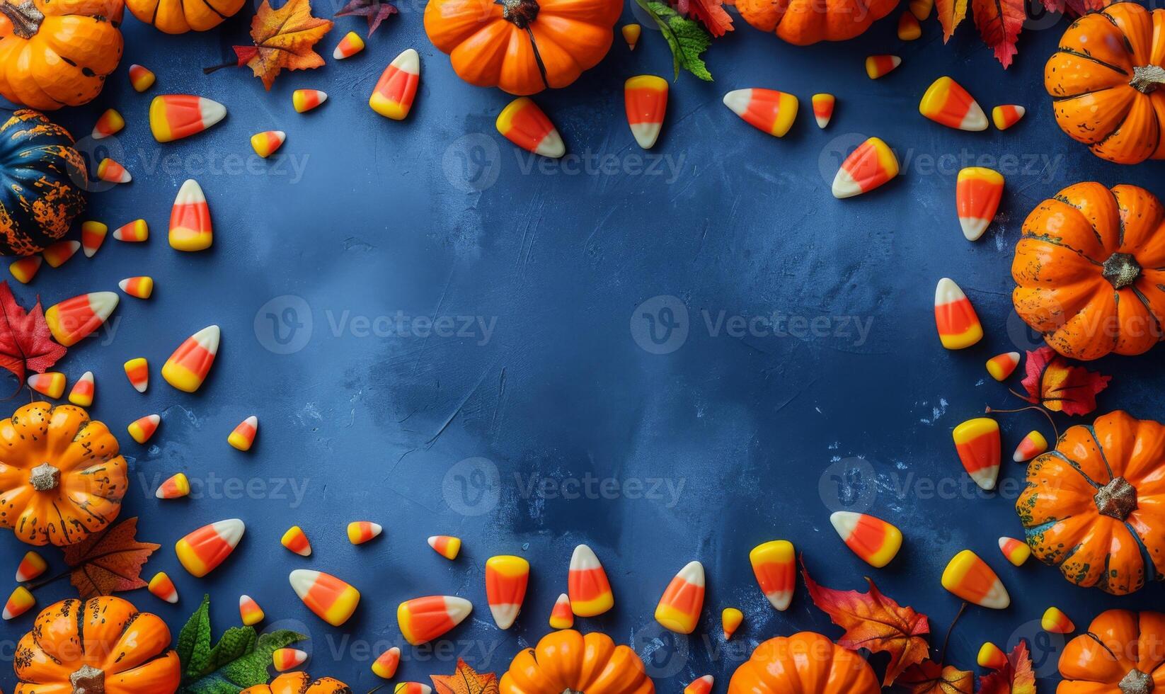 Flat lay of Halloween treats, candy corn, and mini pumpkins surrounding a blank space for text photo