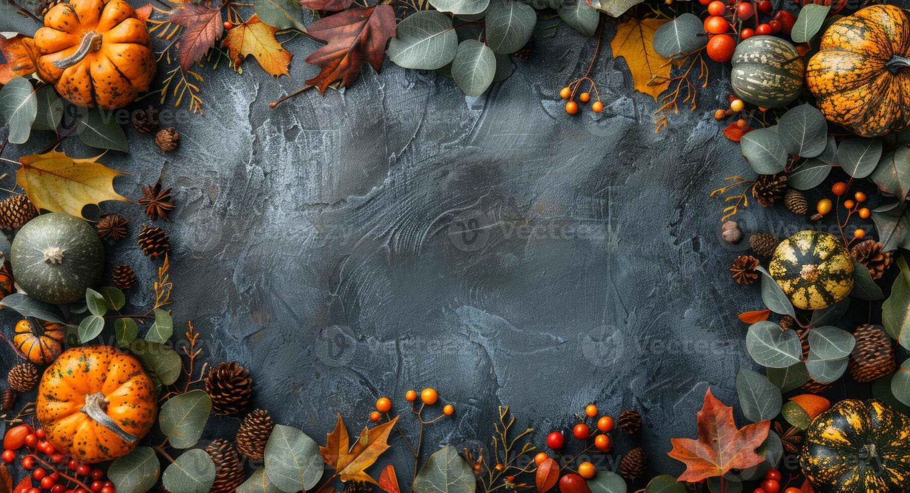 Halloween flat lay of autumn foliage, mini gourds, and spooky trinkets surrounding a blank space for text photo
