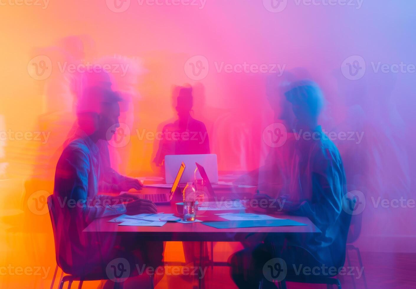 Fuzzy figures of coworkers discussing a project at a high table with laptops and papers photo
