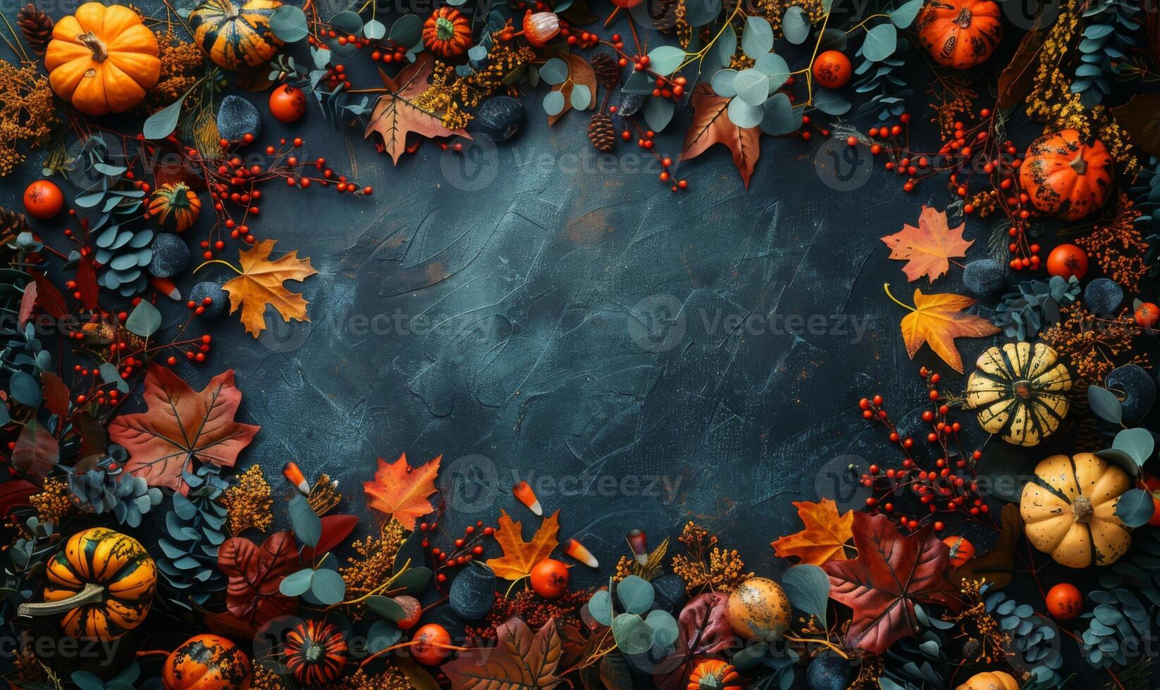 Halloween flat lay of autumn foliage, mini gourds, and spooky trinkets surrounding a blank space for text photo
