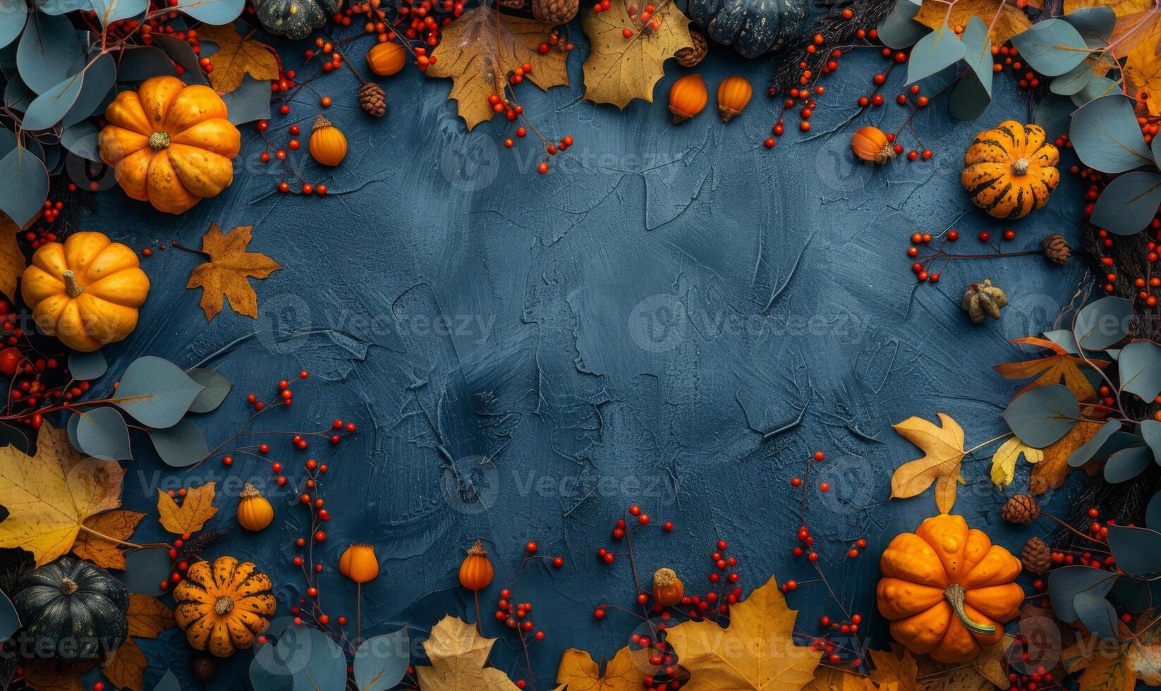 Halloween flat lay of autumn foliage, mini gourds, and spooky trinkets surrounding a blank space for text photo