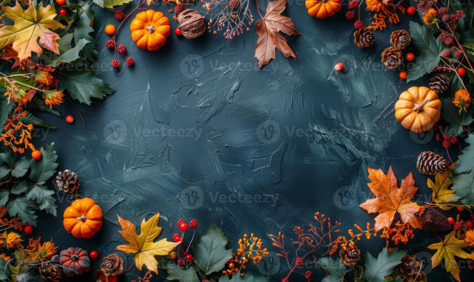 Halloween flat lay of autumn foliage, mini gourds, and spooky trinkets surrounding a blank space for text photo