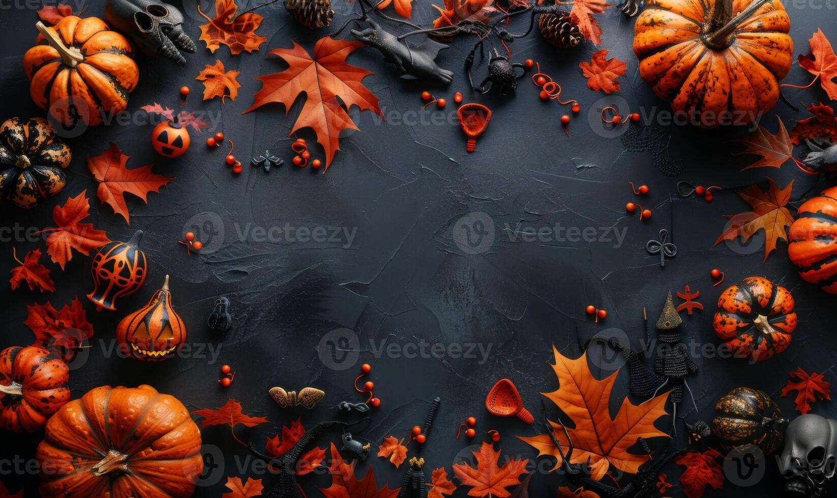 Halloween flat lay of autumn foliage, mini gourds, and spooky trinkets surrounding a blank space for text photo