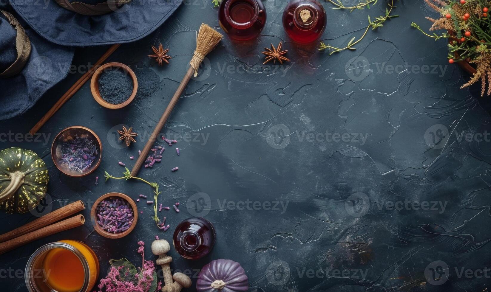 Halloween flat lay scene with witch's hat, broomstick, and potions, leaving a clear space in the center photo