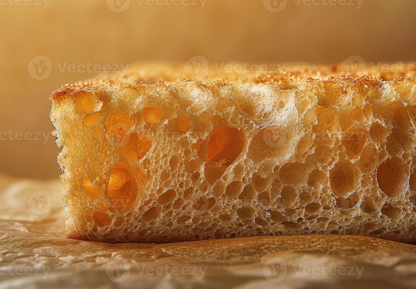 Magnified image of the porous texture of a slice of bread photo