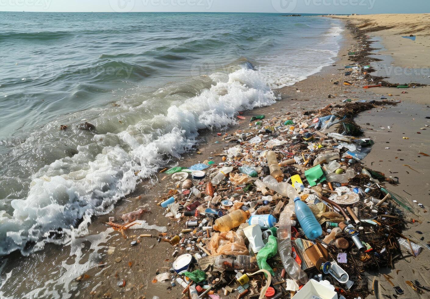 A beach scene with waves bringing in more trash, showing the extent of ocean pollution photo