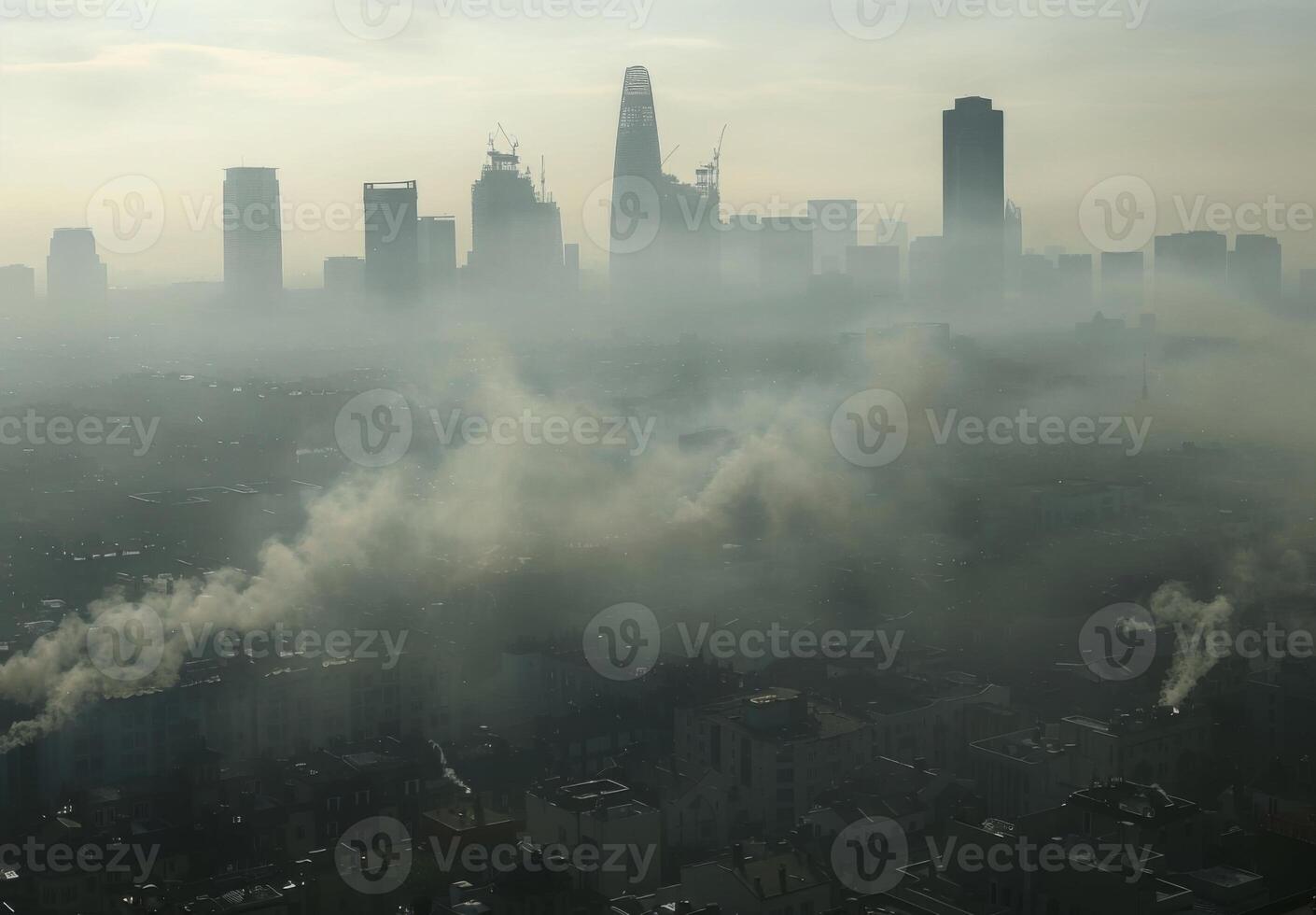 A city skyline shrouded in thick smog, with buildings barely visible through the haze photo