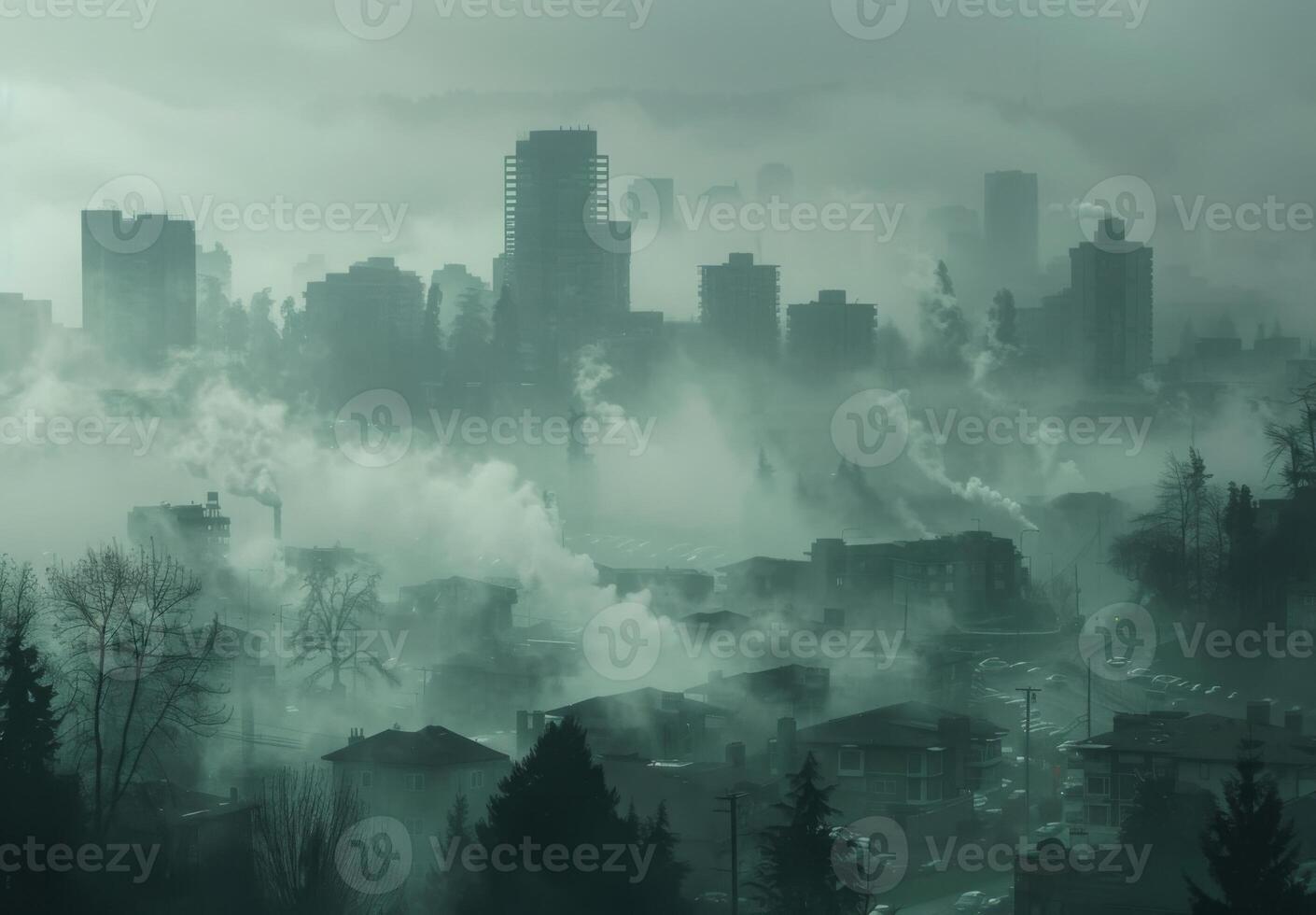 A city skyline shrouded in thick smog, with buildings barely visible through the haze photo
