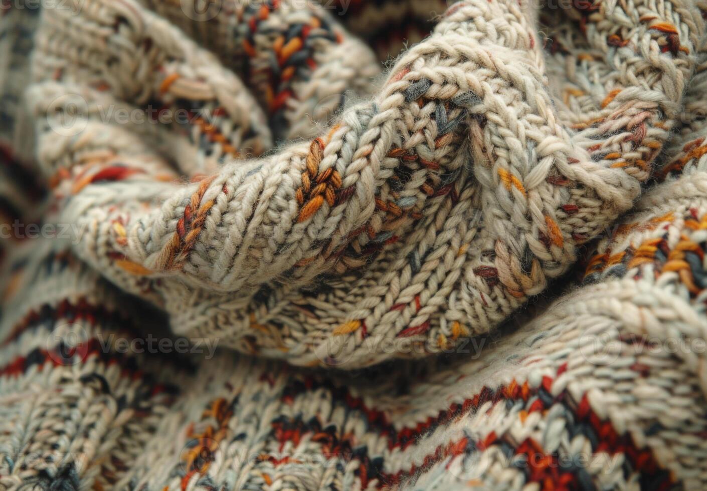 A close up of a cozy woolen sweater, highlighting the intricate knit pattern and texture photo