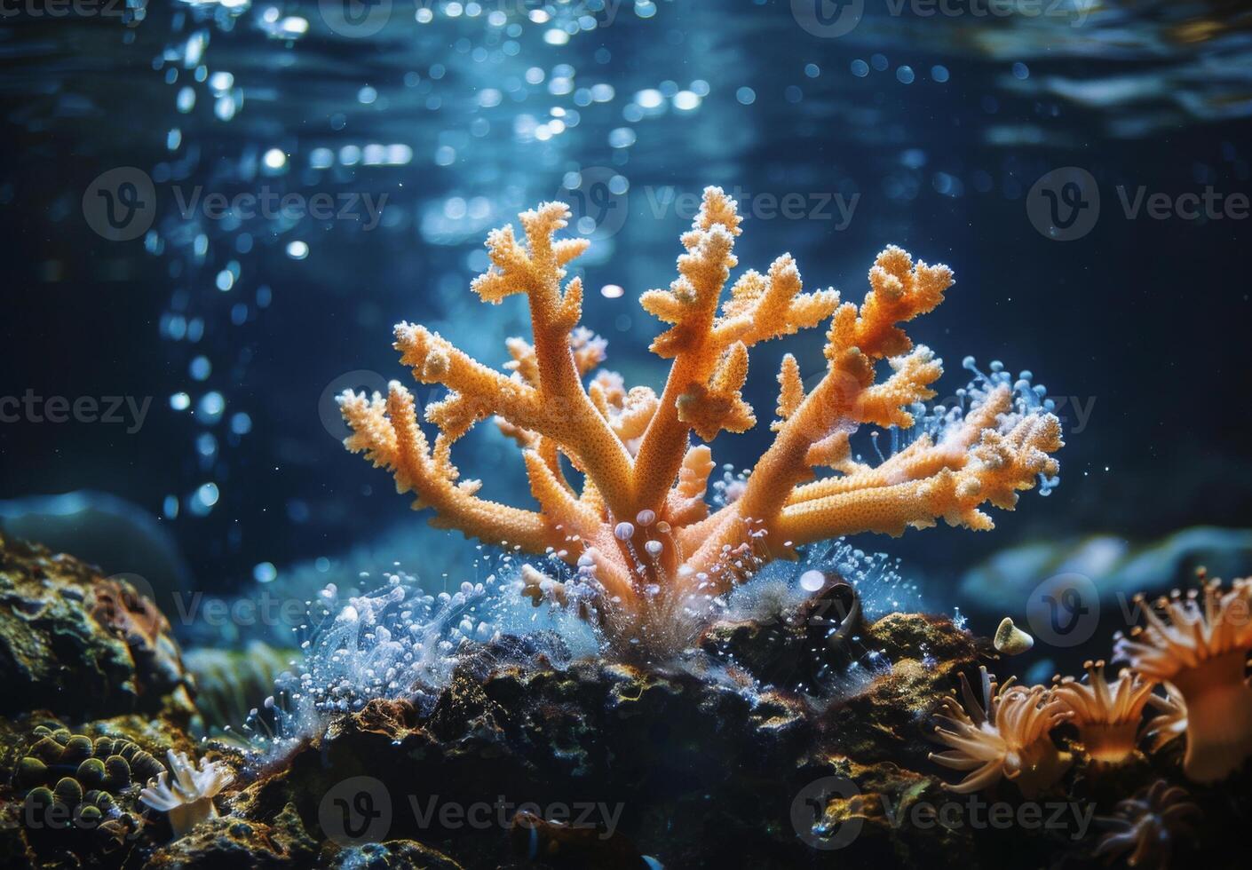 A close up of a delicate coral structure dissolving under the effects of acidified ocean water, with marine organisms trying to adapt photo