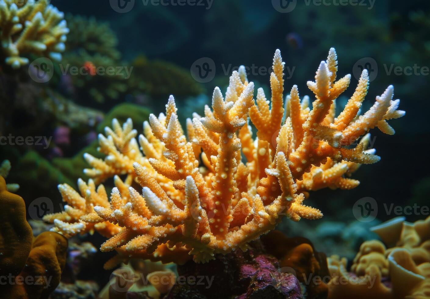 A close up of a delicate coral structure dissolving under the effects of acidified ocean water, with marine organisms trying to adapt photo