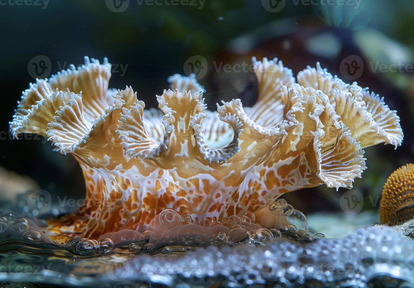 A close up of a delicate coral structure dissolving under the effects of acidified ocean water, with marine organisms trying to adapt photo