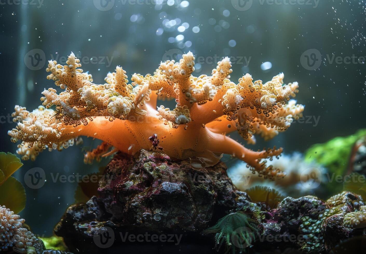 A close up of a delicate coral structure dissolving under the effects of acidified ocean water, with marine organisms trying to adapt photo
