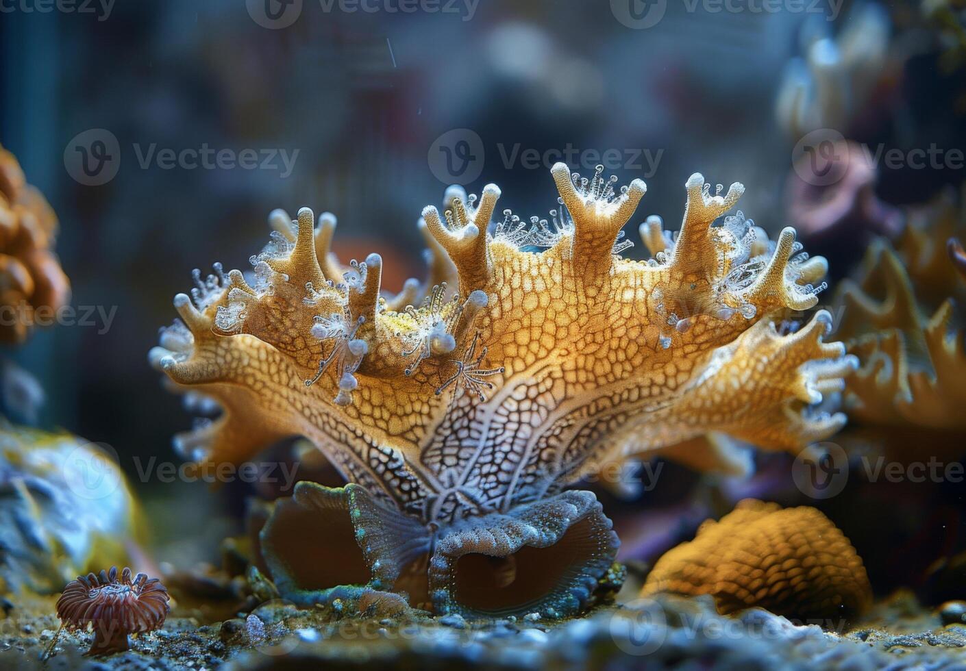 A close up of a delicate coral structure dissolving under the effects of acidified ocean water, with marine organisms trying to adapt photo