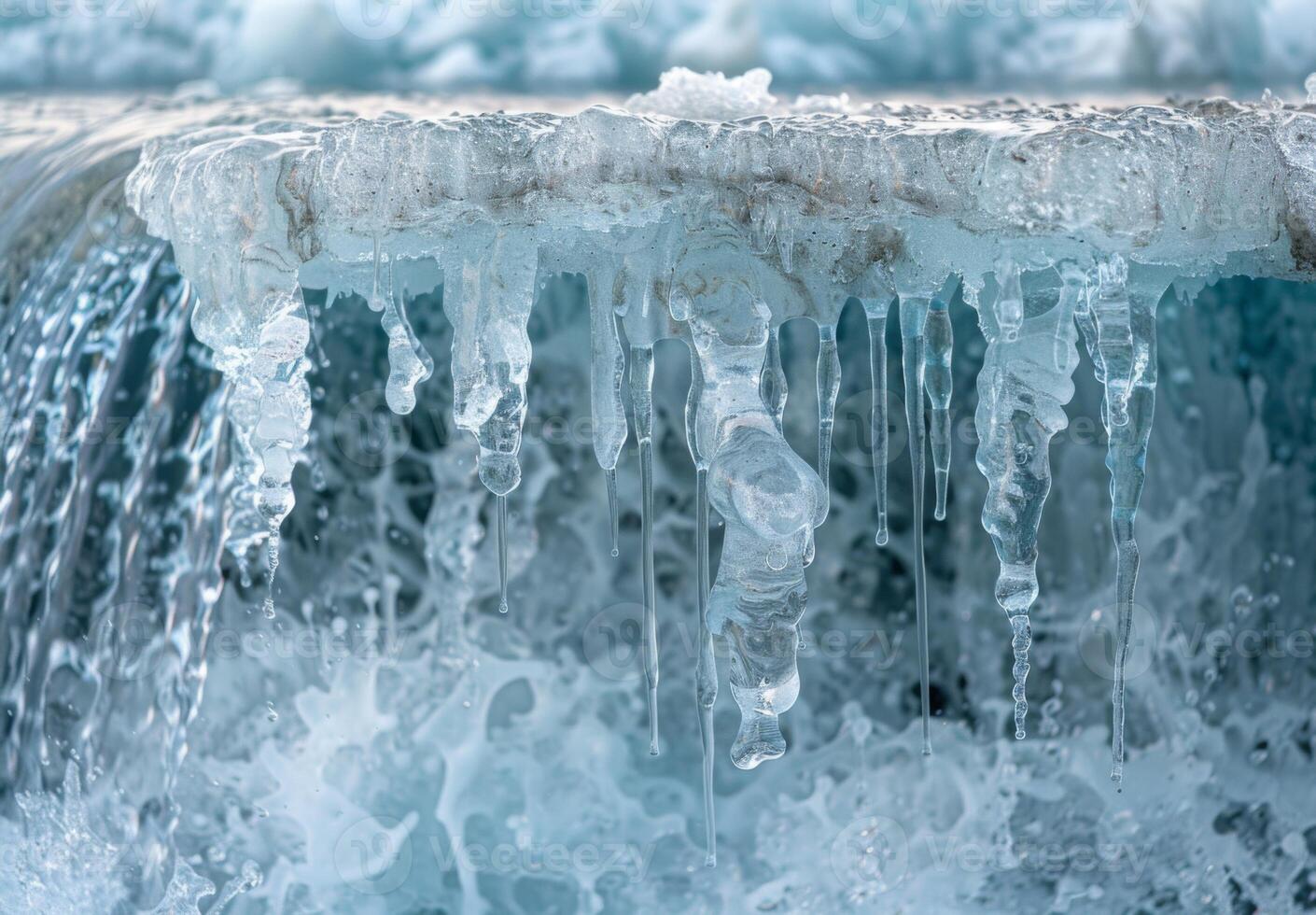 A close up of a melting glacier with clear water dripping down its surface photo