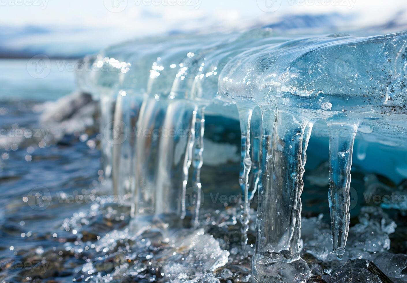 A close up of a melting glacier with clear water dripping down its surface photo