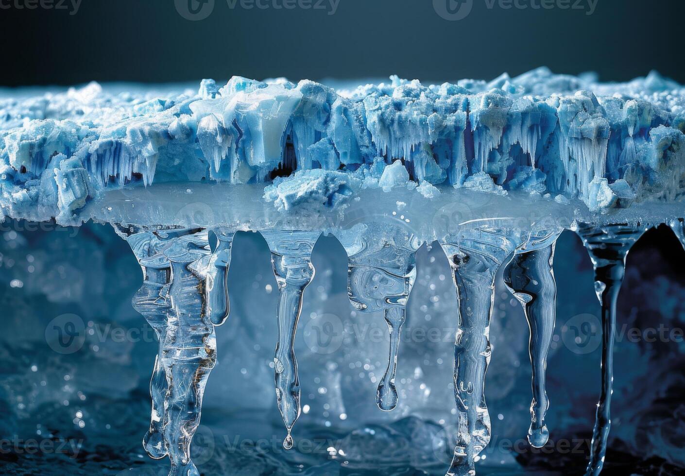 A close up of a melting ice cap with rivulets of water running down its sides photo