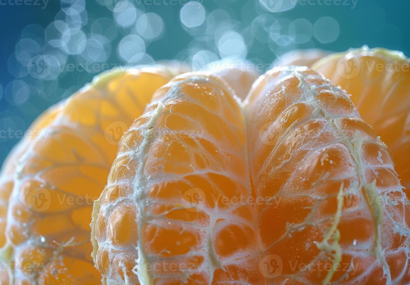 A close-up of a peeled orange, focusing on the textured white pith photo