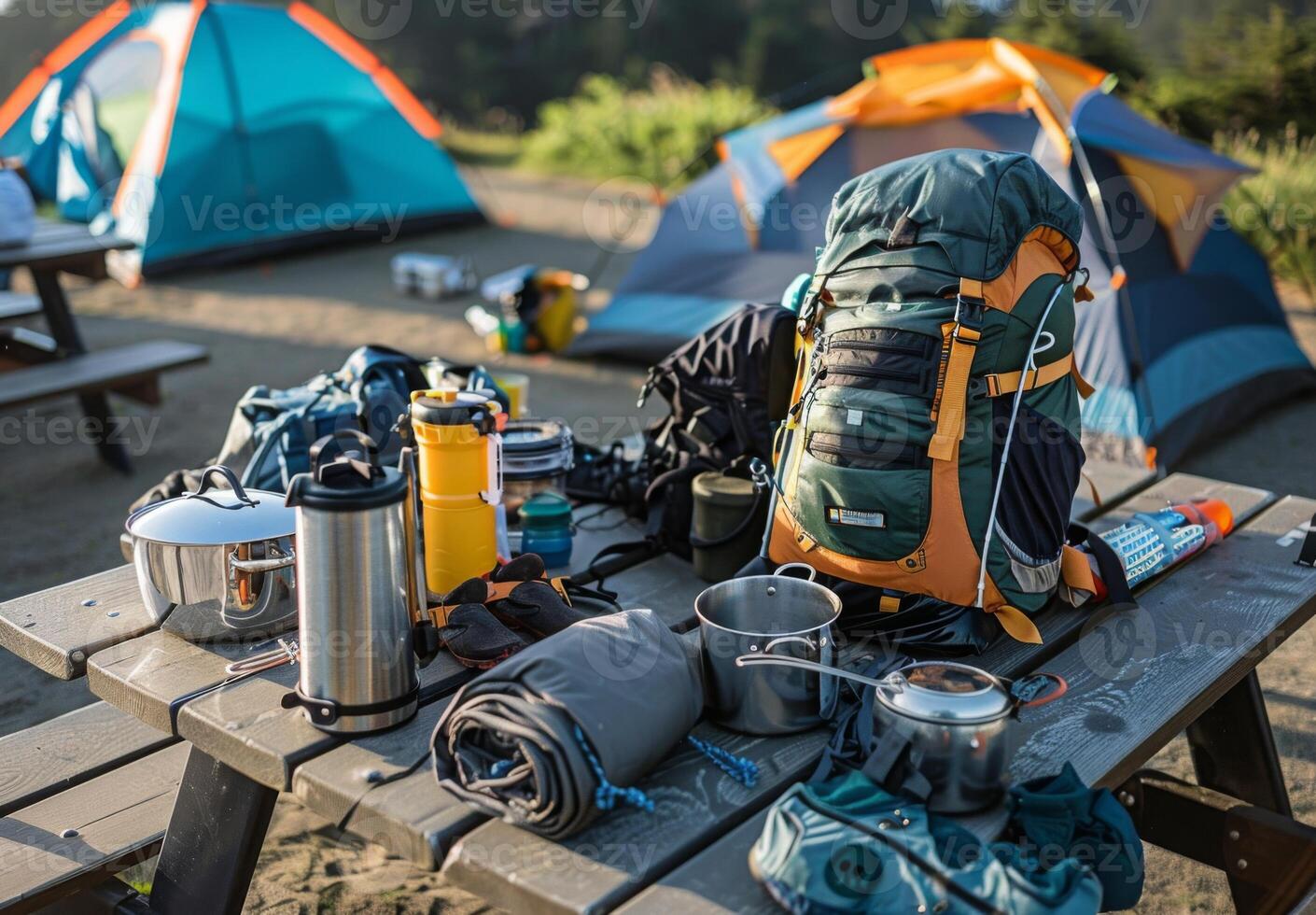 A close up of camping essentials laid out on a picnic table, including a tent, backpack, and cooking gear photo