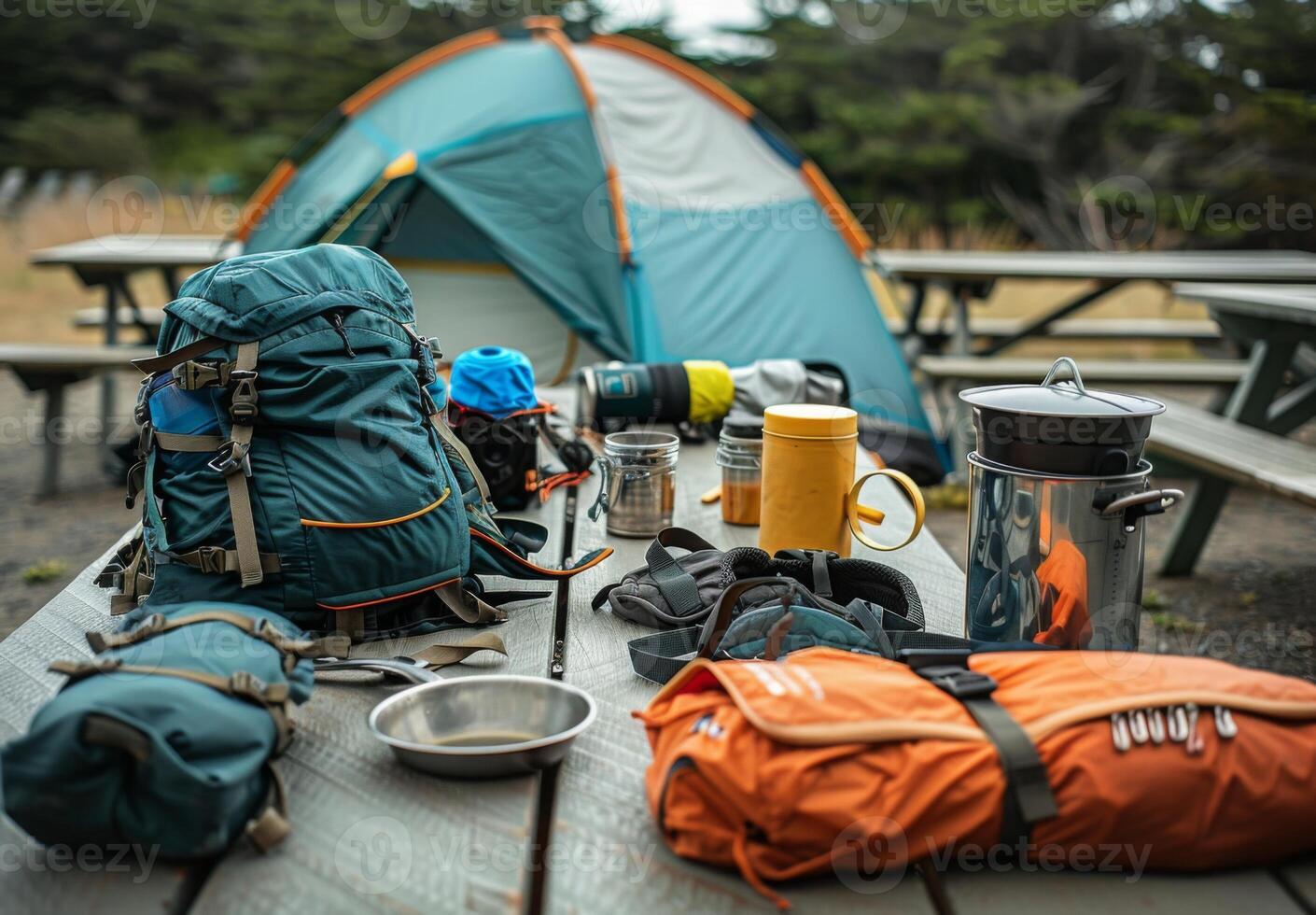 A close up of camping essentials laid out on a picnic table, including a tent, backpack, and cooking gear photo