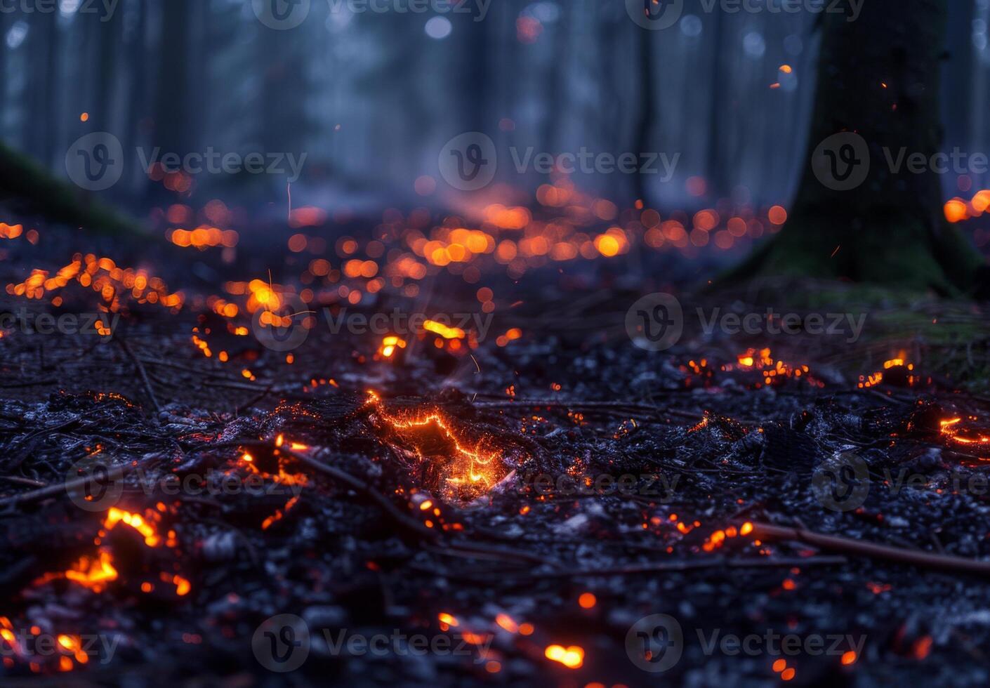 A forest with fire and trees in the background photo