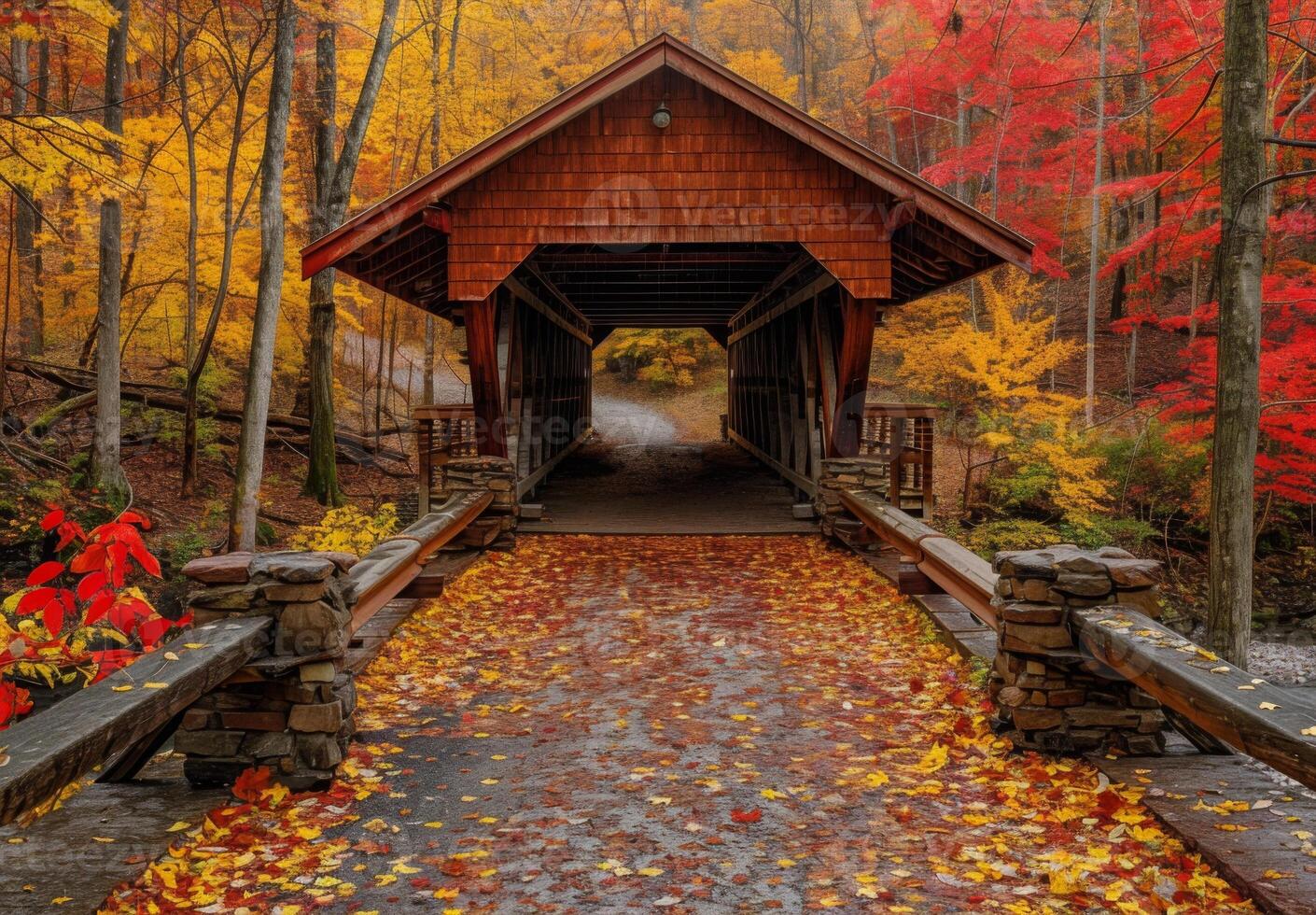A covered bridge in the fall with autumn leaves photo