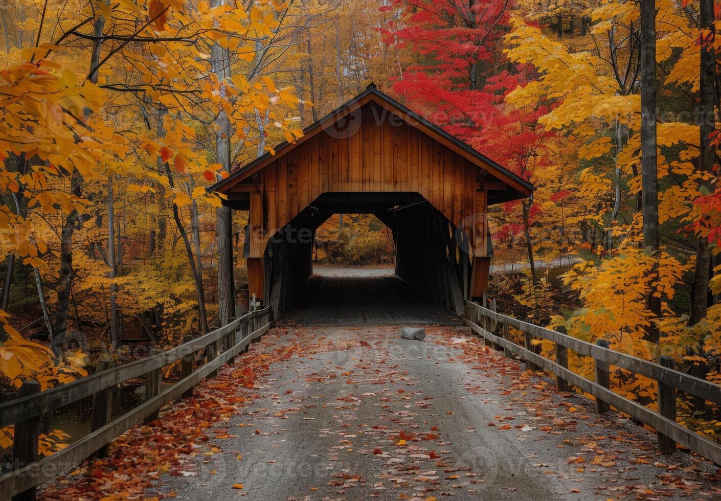 A covered bridge in the fall with autumn leaves photo