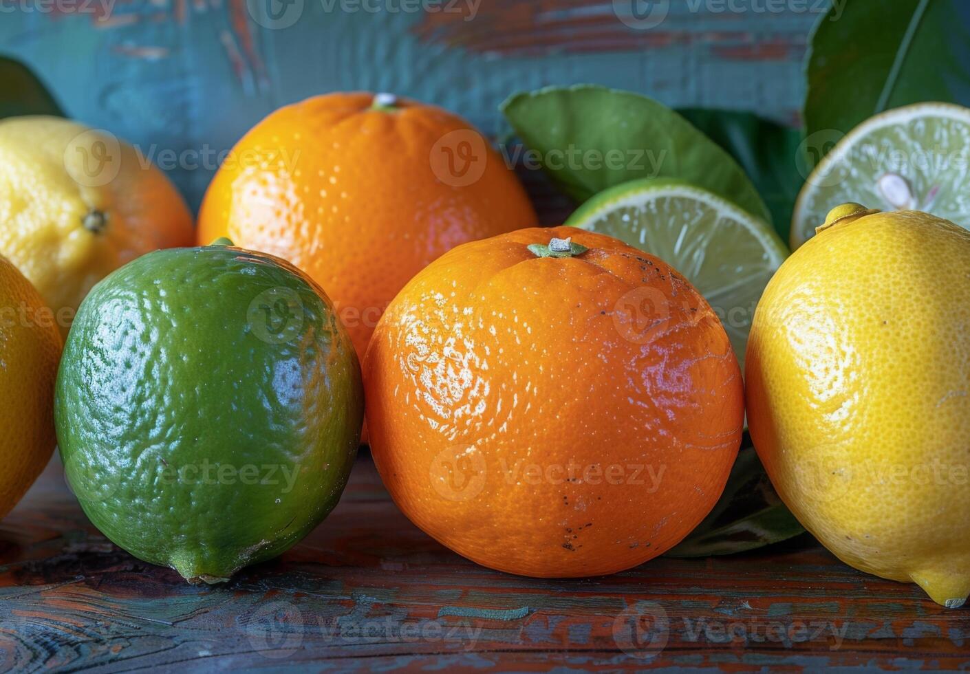 A group of oranges and lemons on a table photo