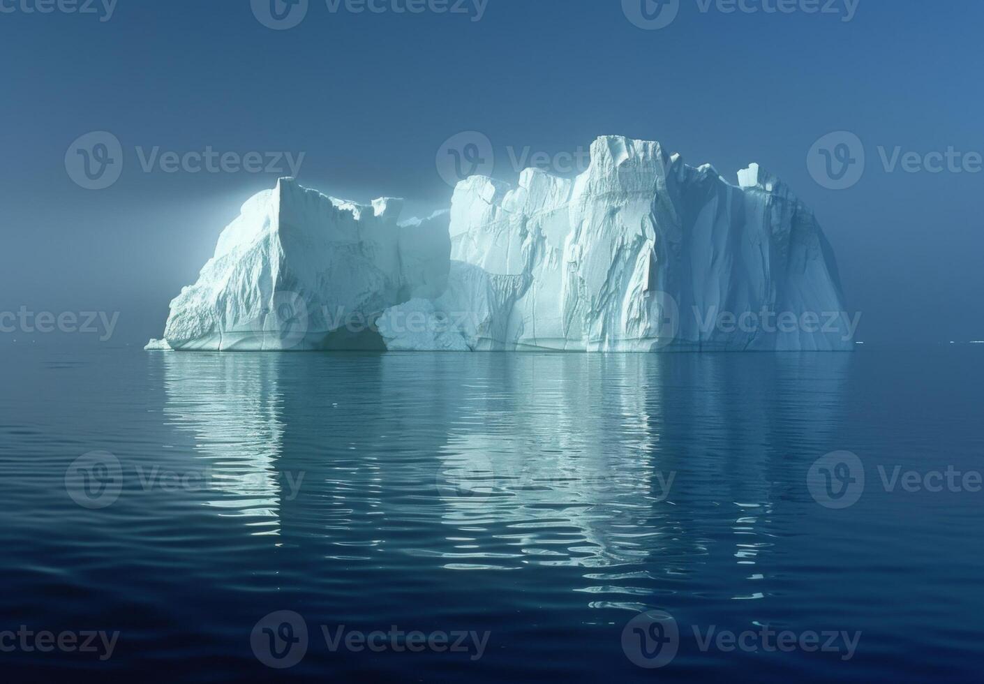 Iceberg in the ocean with fog and blue sky photo