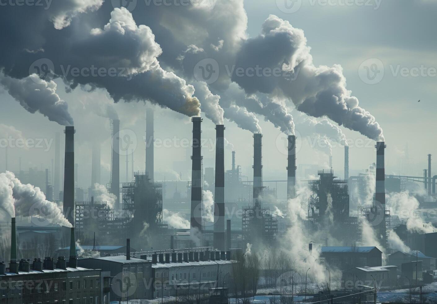 A factory with many chimneys emitting smoke photo